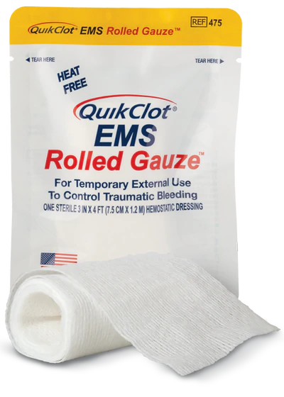 Quikclot 475 EMS bleeding control gauze rolled 3" x 48" hemostatic gauze quick clot stop the bleed