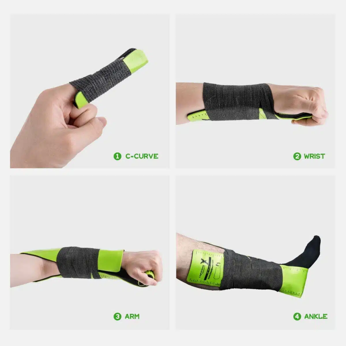 examples of universal splints being used on arms, legs and fingers