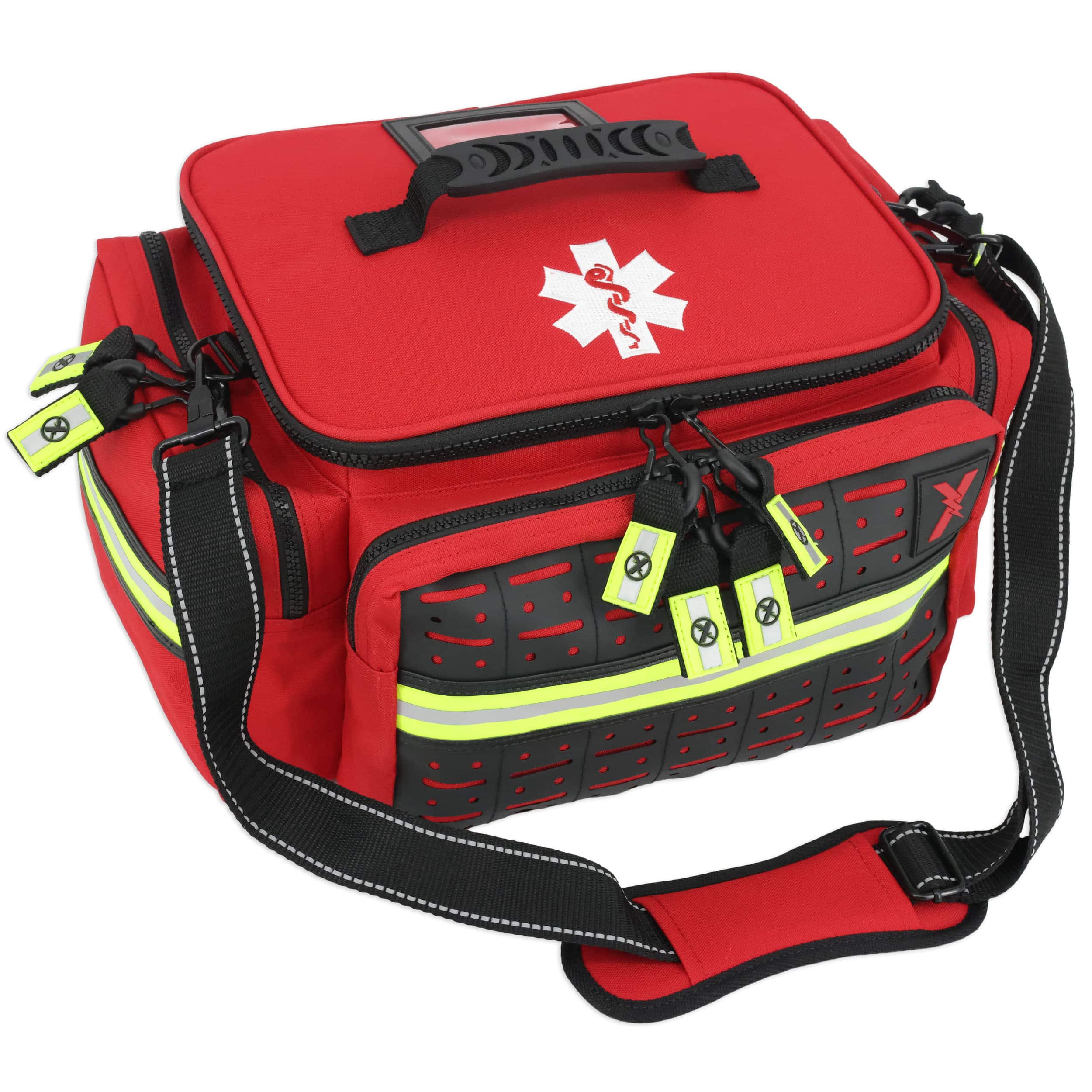LXMB25-R_MAIN_ANGLE red lightning x emt bag with reflective trim closed