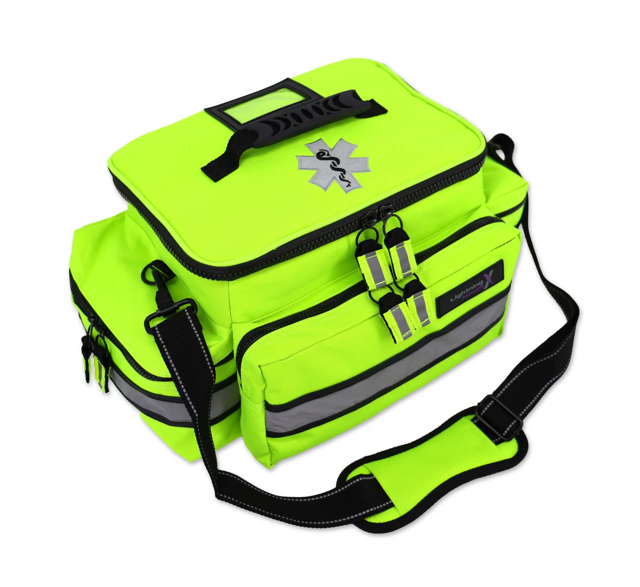LXMB25FY_FRONT_ANGLE Lightning X Medium First Responder EMT Bag fluorescent yellow reflective zipper pulls star of life embroidery
