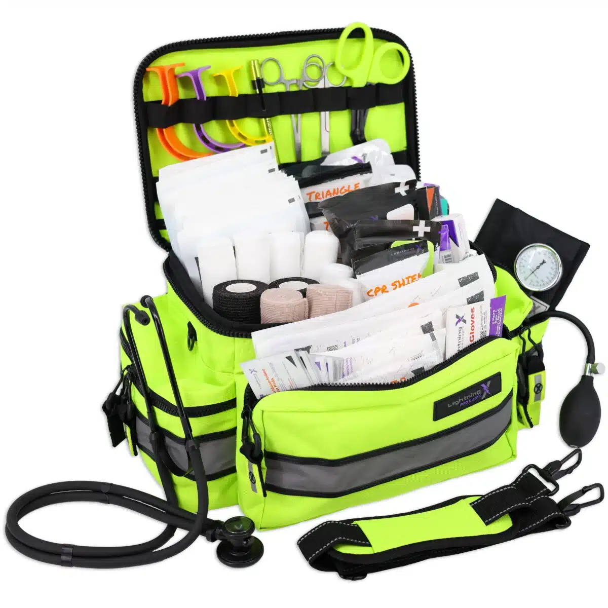Fluorescent Yellow EMT bag with reflective trim, filled with first aid supplies