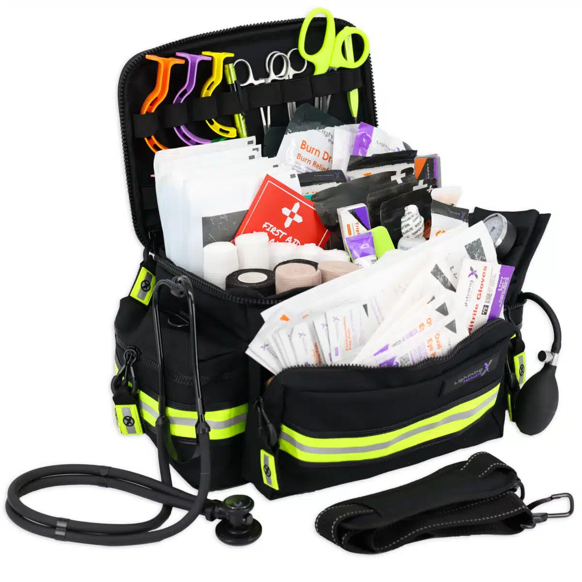 Black EMT bag with reflective trim, filled with first aid supplies