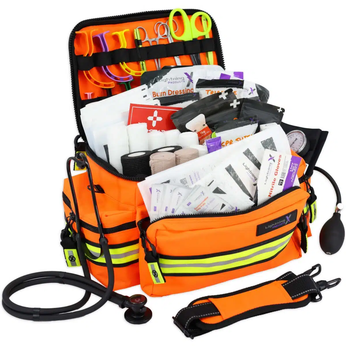 Orange EMT bag with reflective trim, filled with first aid supplies