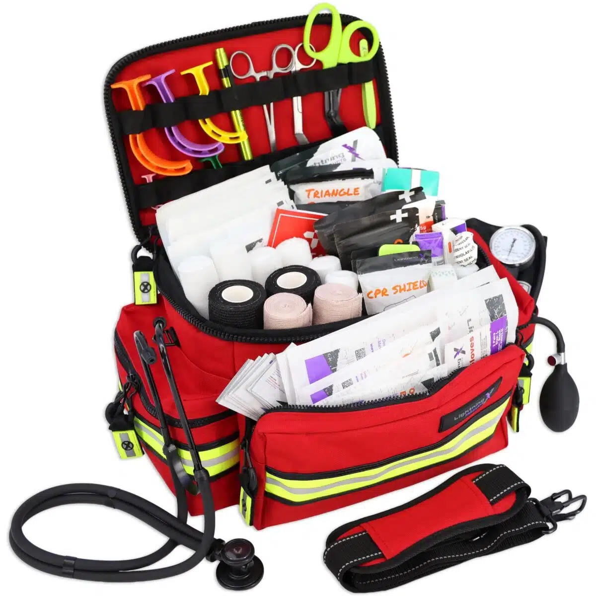Red EMT bag with reflective trim, filled with first aid supplies