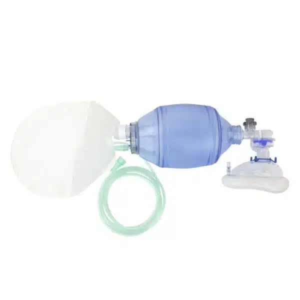 Blue bag valve mask resuscitator with clear mask and white reservoir bag