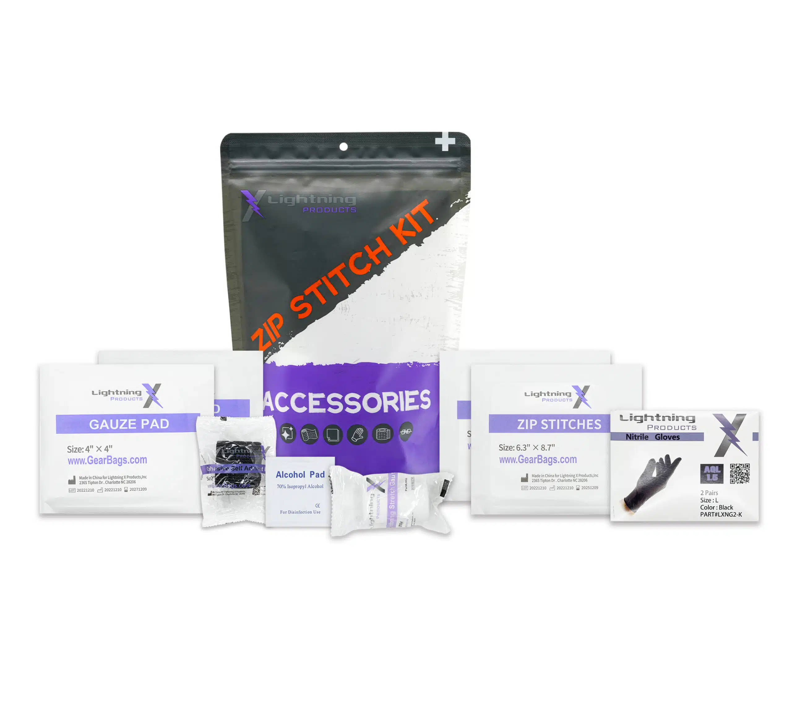 Zip-stitch kit pouch with gauze pad, alcohol pad, nitrile gloves and closures