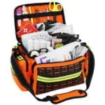 High-visibility orange lightning x mb25-ska EMT trauma kit with organized emergency medical supplies, reflective trim, MOLLE paneling