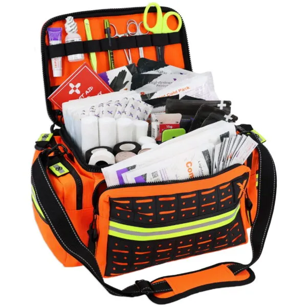High-visibility orange lightning x mb25-ska EMT trauma kit with organized emergency medical supplies, reflective trim, MOLLE paneling