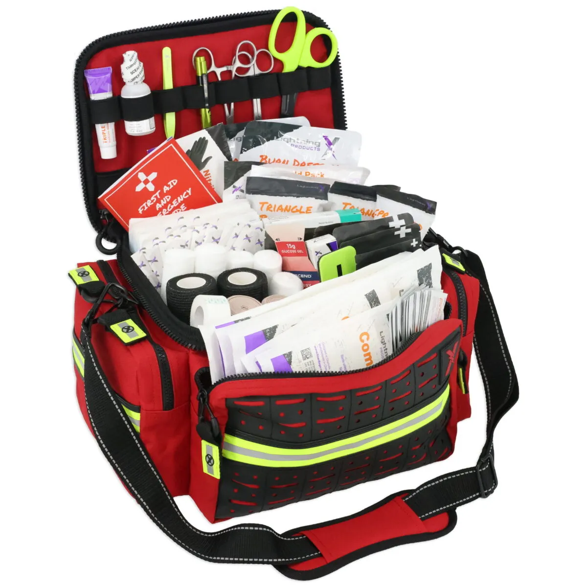 High-visibility red lightning x mb25-ska EMT trauma kit with organized emergency medical supplies, reflective trim, MOLLE paneling