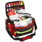 High-visibility red lightning x mb25-ska EMT trauma kit with organized emergency medical supplies, reflective trim, MOLLE paneling