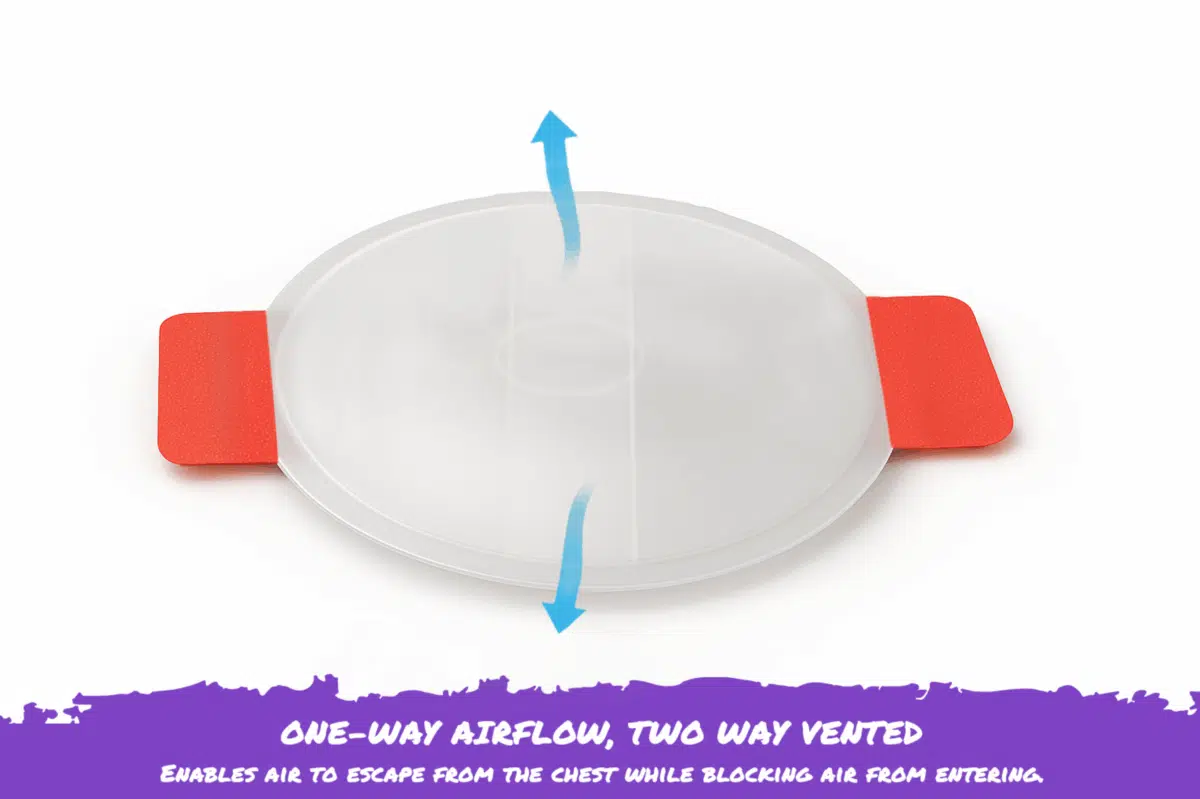 Unpackaged chest seal with arrows indicating air flow above callout highlighting vent function