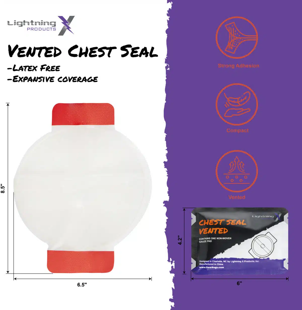 Lightning X CSV6 vented chest seal with hydrogel adhesive for open chest wounds, trauma first aid, IFAK kits, gunshot or stab injuries, military and EMS emergency use