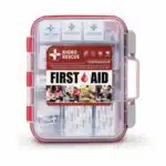 First aid kit for 100 people, organized in a semi-transparent, hard plastic case.