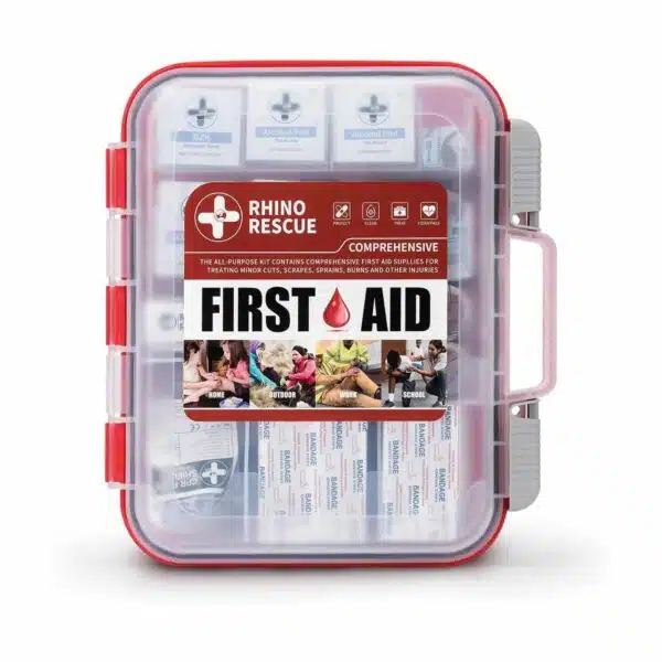 First aid kit for 100 people, organized in a semi-transparent, hard plastic case.