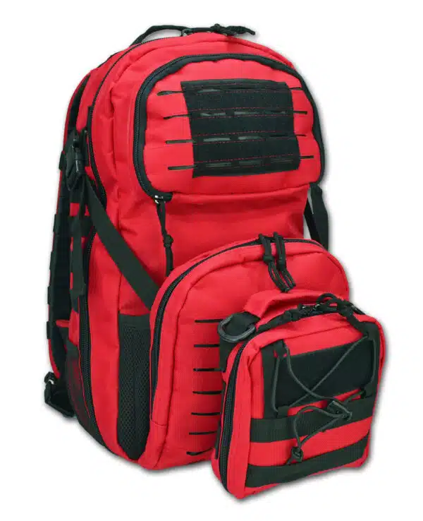 Red tactical backpack with matching pouch attached to front