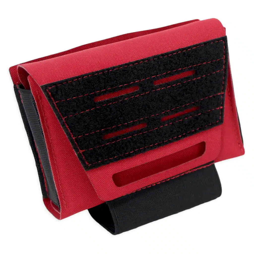 Slightly angled front view of red hip pouch