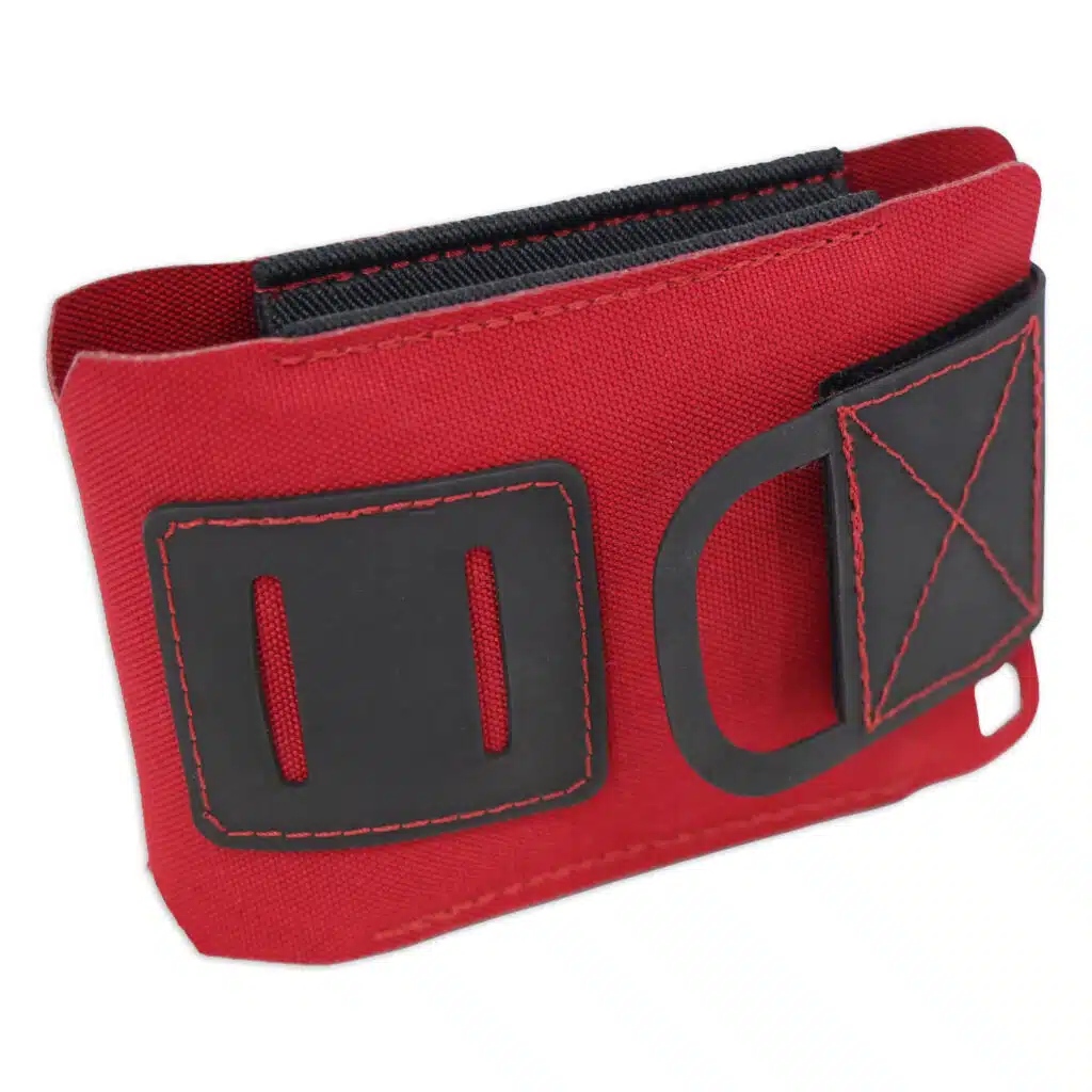 Red and black nylon wallet standing horizontally