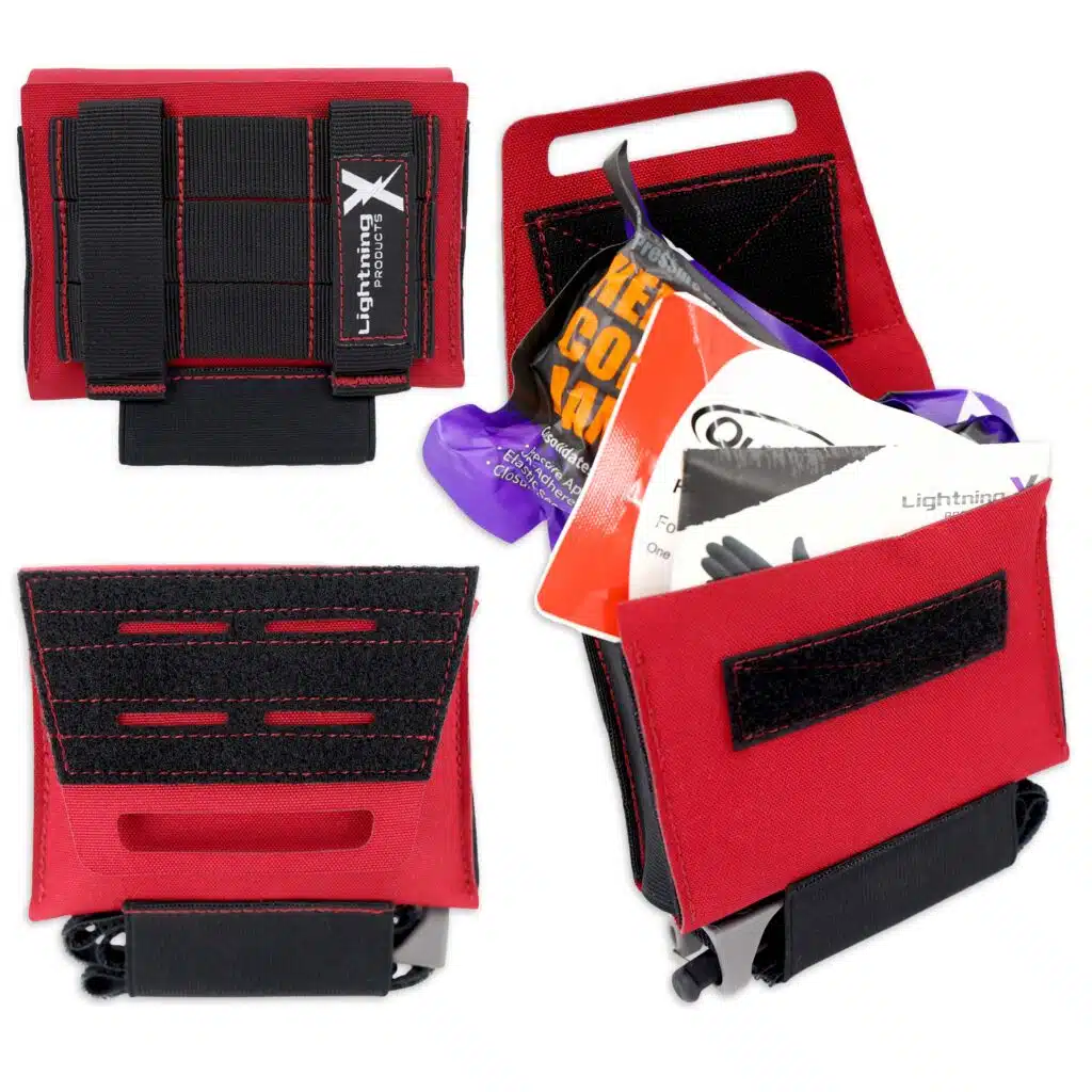 Front, back, and stocked views of red and black hip pouch.