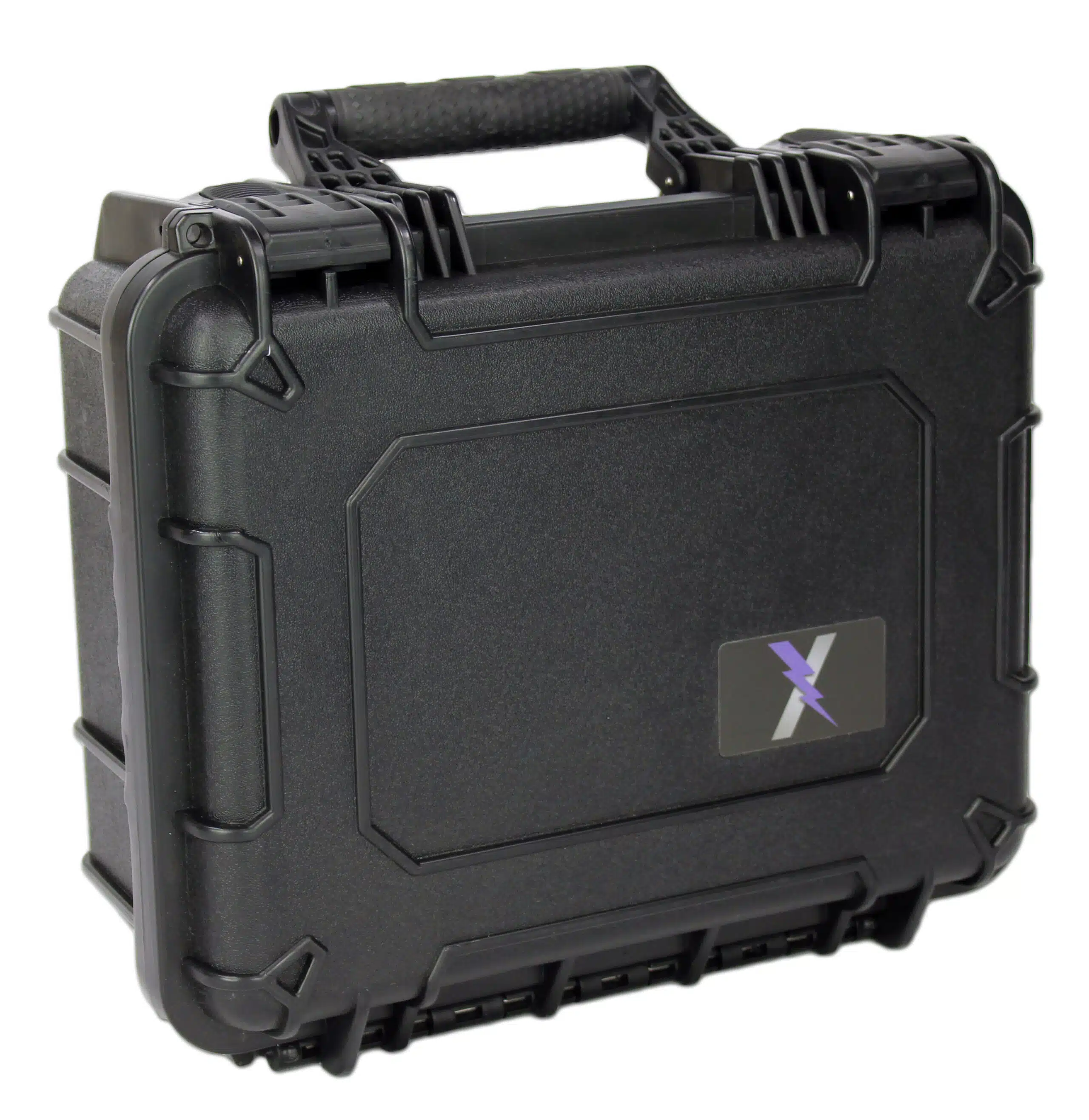 Angled front view of black hard case