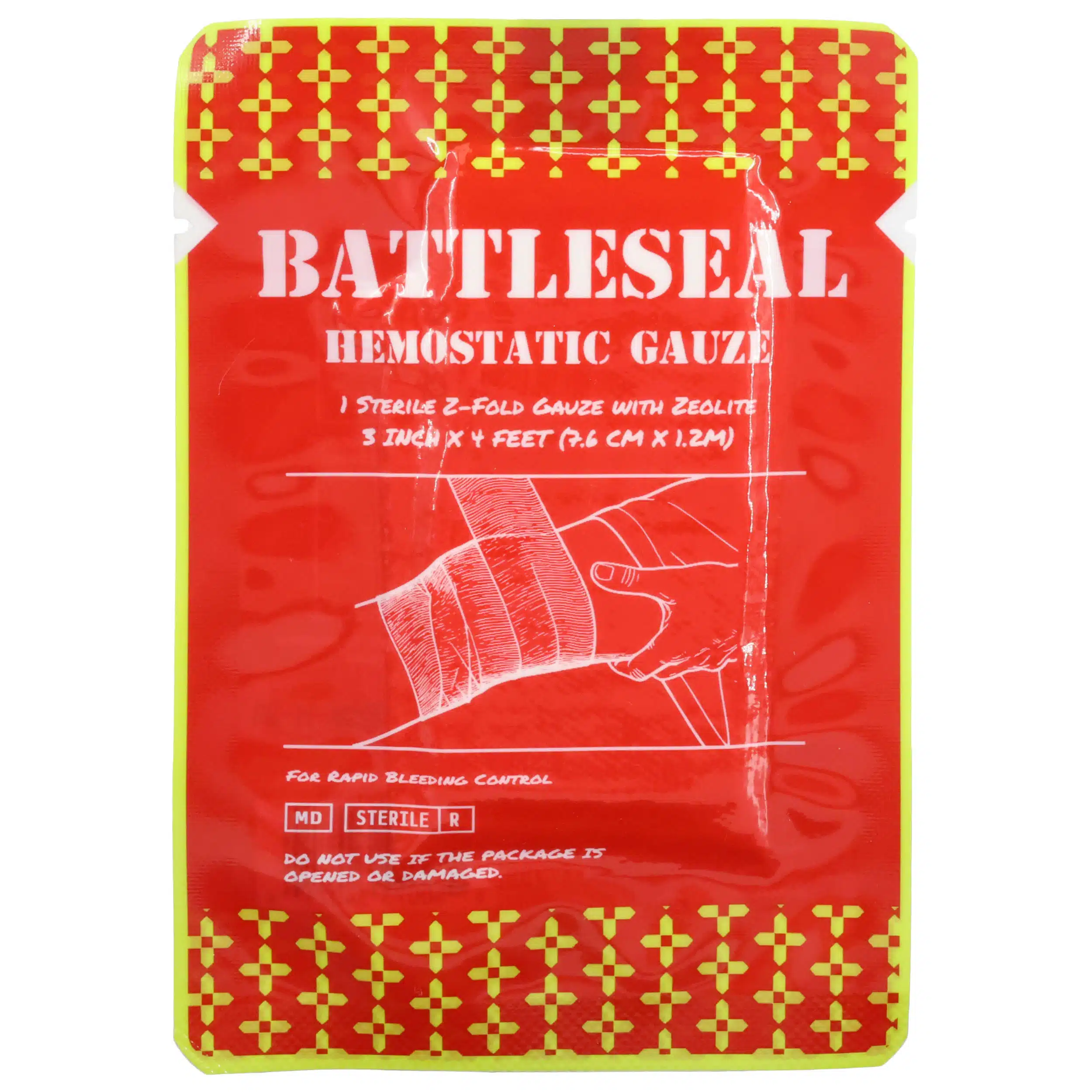 Red and yellow vacuum sealed package of BattleSeal 3" x 48" hemostatic gauze