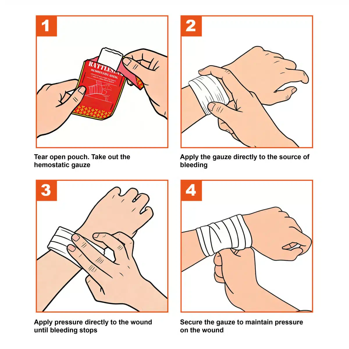 Illustrated instructions showing how to use hemostatic gauze on a wound