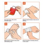 Illustrated instructions showing how to use hemostatic gauze on a wound
