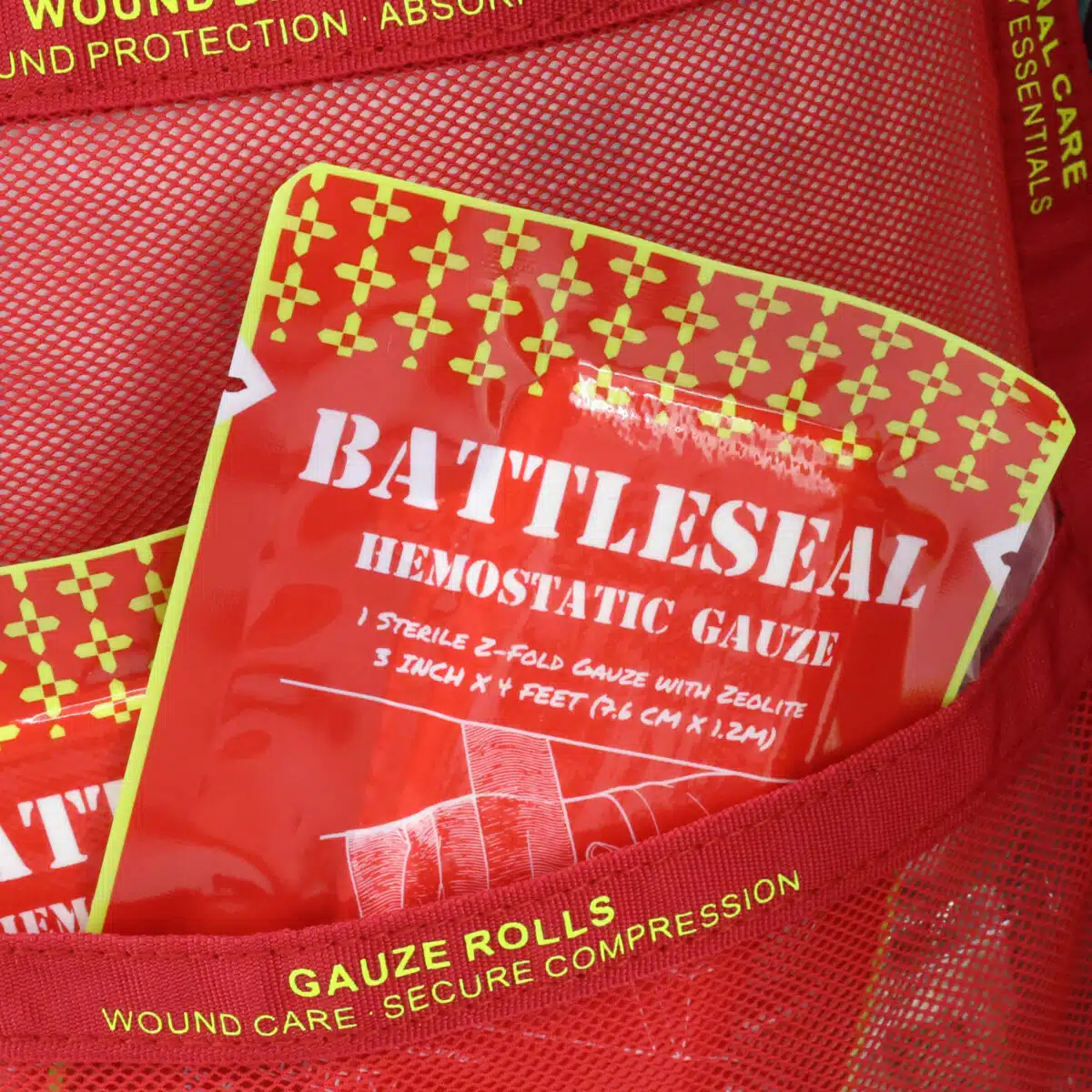 closeup of hemostatic gauze dressing in first aid kit