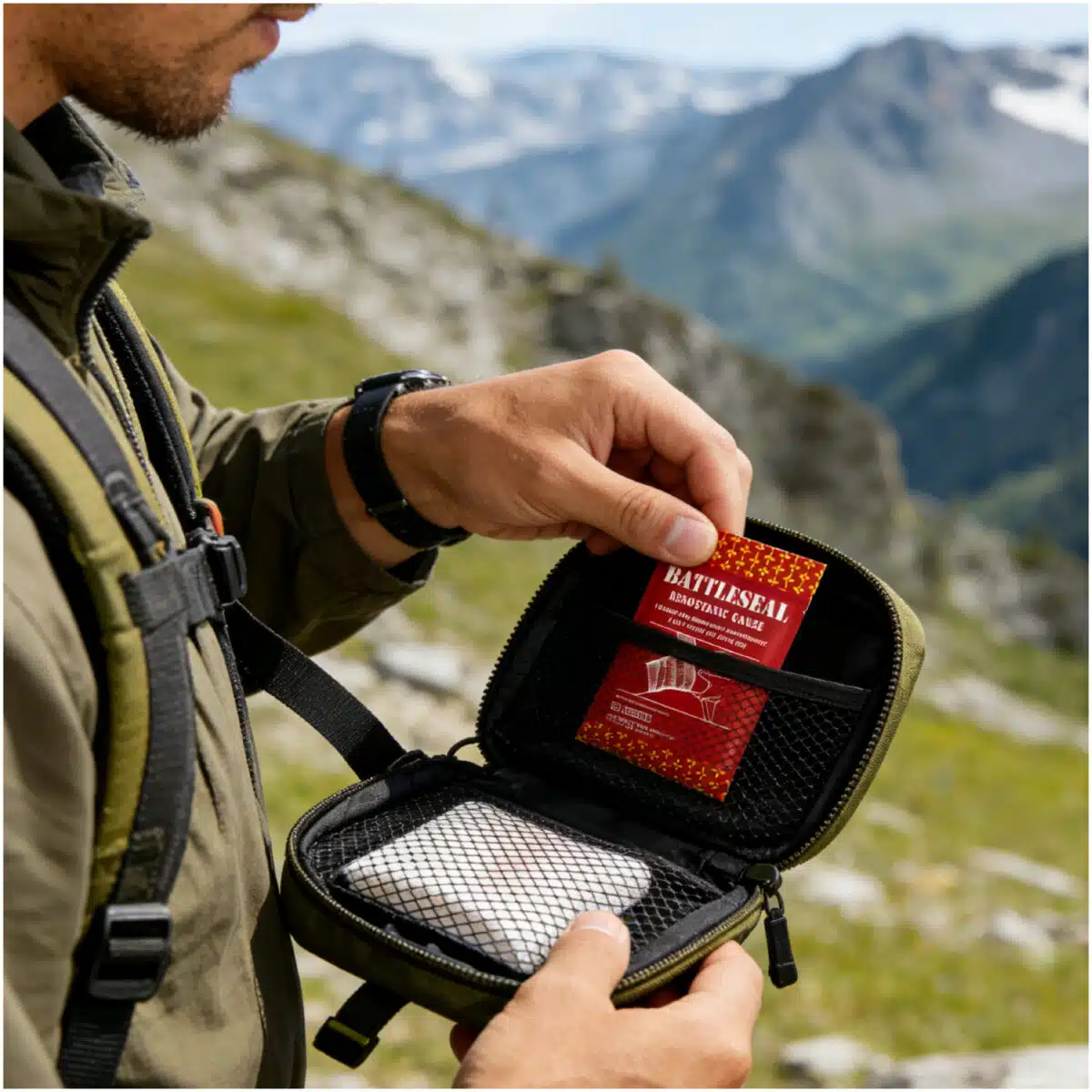 lifestyle image of a man removing clotting gauze from go back