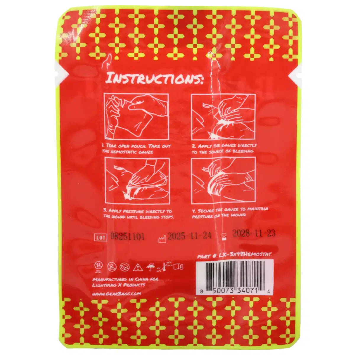 back side of hemostatic gauze with instructions printed