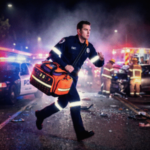 First responder running to scene with an orange MB35 bag.