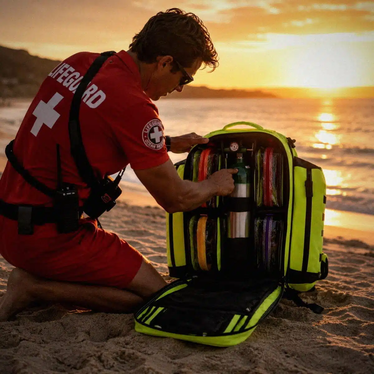 Beach lifeguard opening a fluorescent-yellow medical backpack with an oxygen cylinder inside at sunset