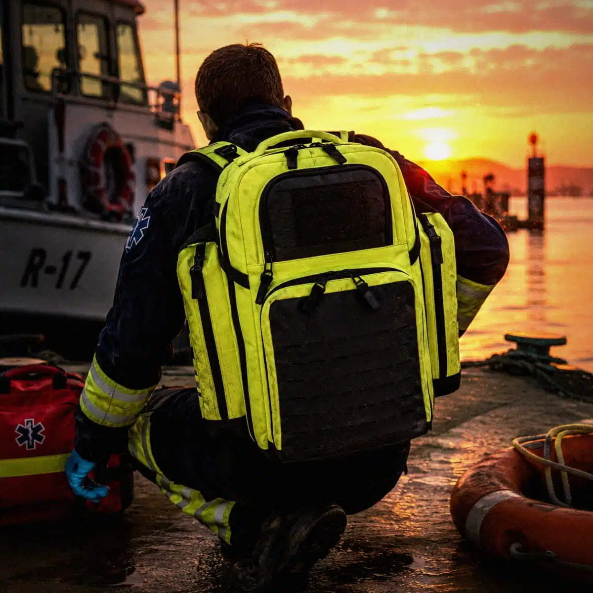 Rescuer kneeling at a harbor at sunset wearing a fluorescent-yellow medical backpack beside a rescue boat