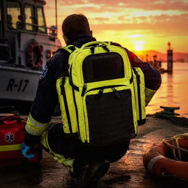 first responder with lightning x emt backpack looking into sunset