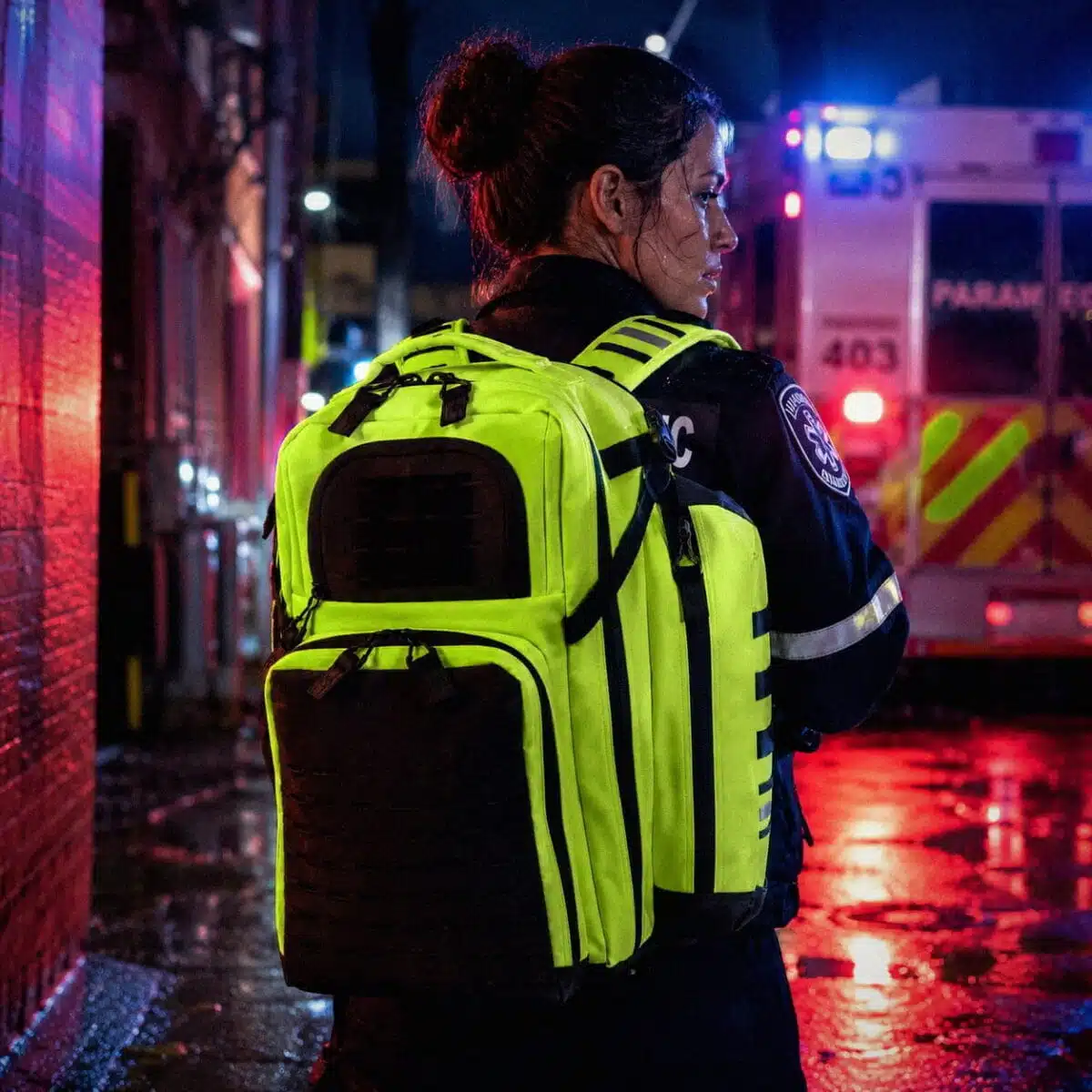 Female paramedic wearing a fluorescent-yellow medical backpack on her back in a wet alley by an ambulance at night