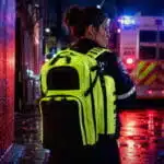 Female paramedic wearing a fluorescent-yellow medical backpack on her back in a wet alley by an ambulance at night