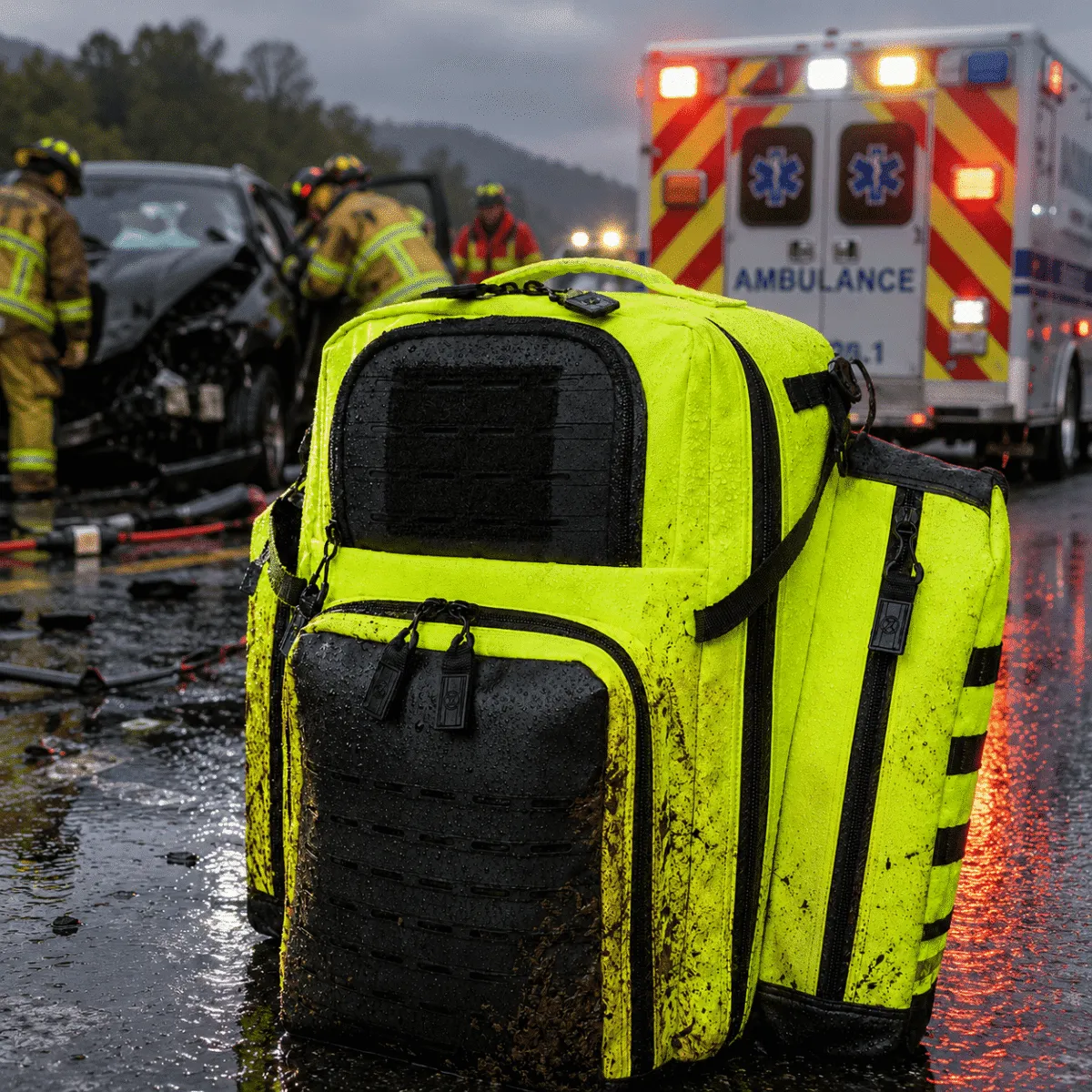 yellow trauma backpack on wet dirty emergency scene