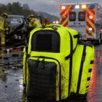 yellow trauma backpack on wet dirty emergency scene