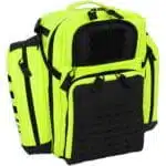 Fluorescent yellow tactical medical backpack, closed, three-quarter front angle showing MOLLE panels and pockets