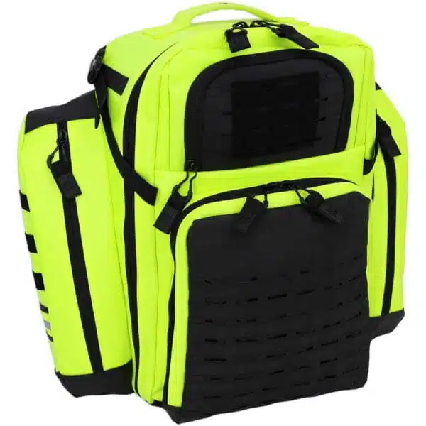 Fluorescent yellow tactical medical backpack, closed, three-quarter front angle showing MOLLE panels and pockets