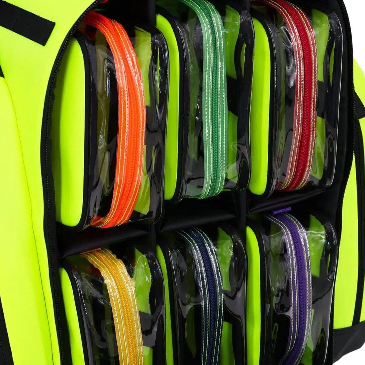 Fluorescent yellow backpack lined with clear vinyl pouches with color-coded orange, green, red, and purple zippers