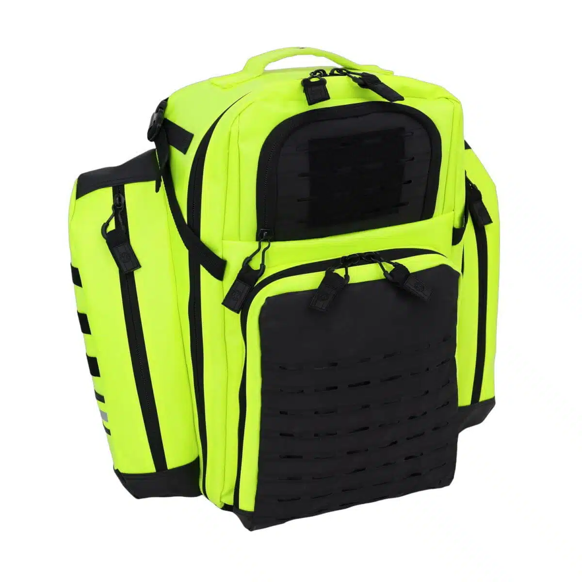 Fluorescent yellow tactical medical backpack, closed, three-quarter front angle showing MOLLE panels and pockets