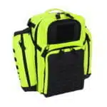 Fluorescent yellow tactical medical backpack, closed, three-quarter front angle showing MOLLE panels and pockets