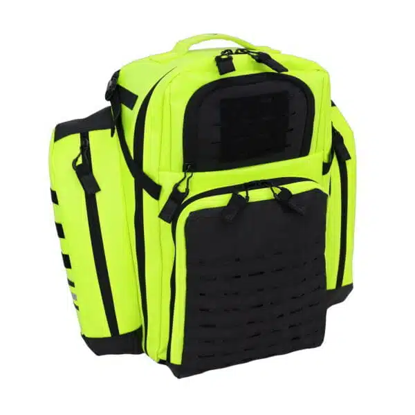 Fluorescent yellow tactical medical backpack, closed, three-quarter front angle showing MOLLE panels and pockets
