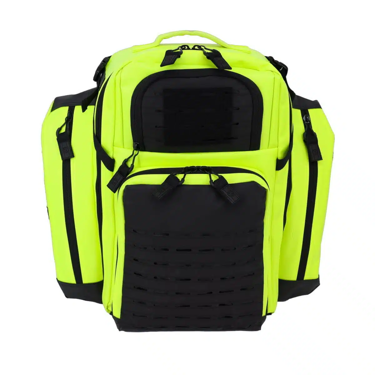 Fluorescent yellow tactical medical backpack, front view, closed, with a laser-cut MOLLE panel and zippered pockets