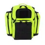 Fluorescent yellow tactical medical backpack, front view, closed, with a laser-cut MOLLE panel and zippered pockets