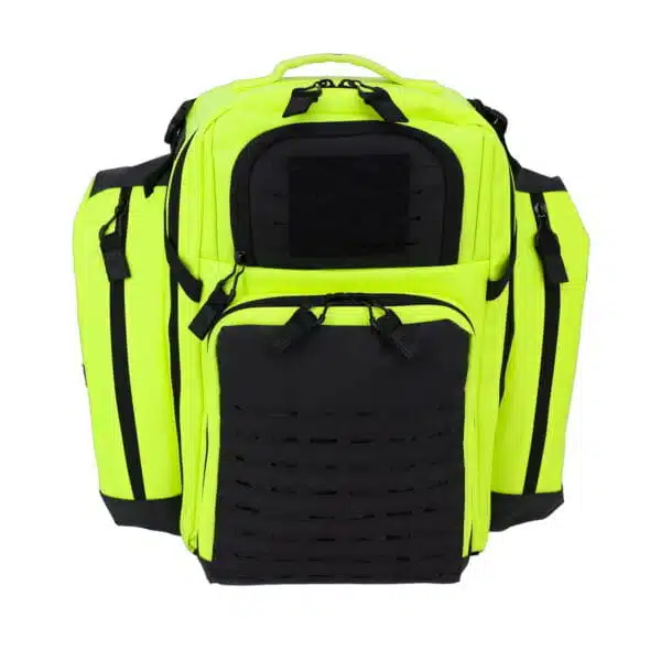Fluorescent yellow tactical medical backpack, front view, closed, with a laser-cut MOLLE panel and zippered pockets