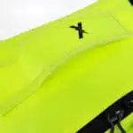 Fluorescent yellow padded carry handle with stitched reinforcement and a black lightning-bolt logo