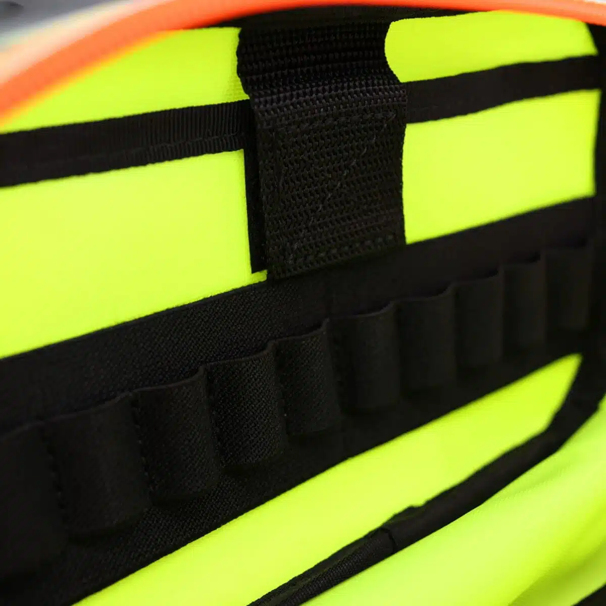 Fluorescent yellow interior with black elastic loop rows and a hook-and-loop strap for securing gear