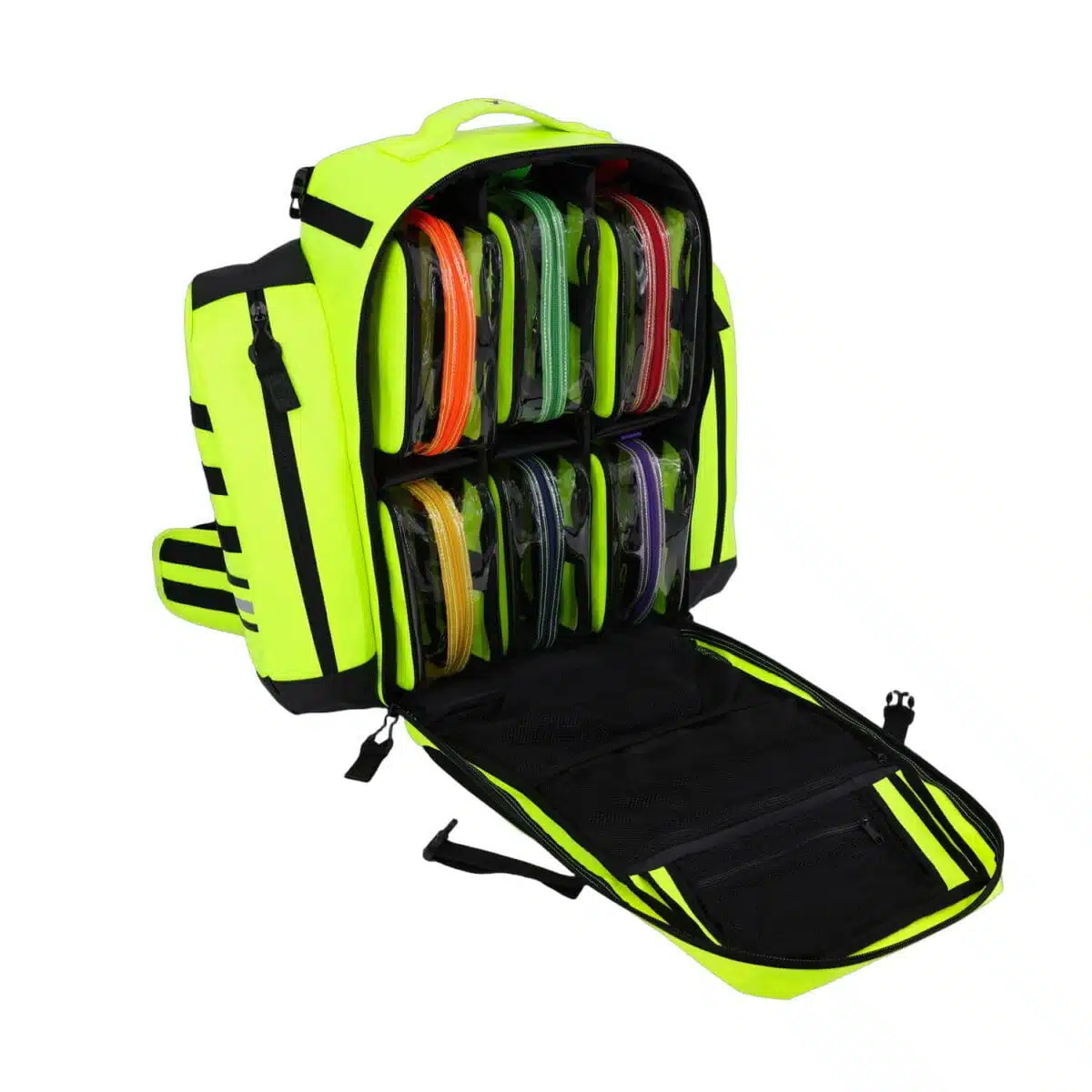 Fluorescent yellow medical backpack open at an angle, showing rows of color-coded clear organizer pouches