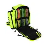 Fluorescent yellow medical backpack open at an angle, showing rows of color-coded clear organizer pouches